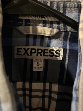 Express Men's Navy and Light Blue Plaid Button-Up Shirt